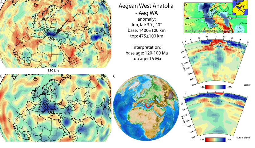 Figure A1-1. Aegean anomaly, interpreted as the Aegean slab, with (horizontal) [vertical] cross sections through (A)[D] the UUP07 p-wave) and (B)[D] the combined SL2013 and S40RTS s-wave models at 850 km; C) the location of the modern geological record that we interpret to have formed during the subduction of the slab.